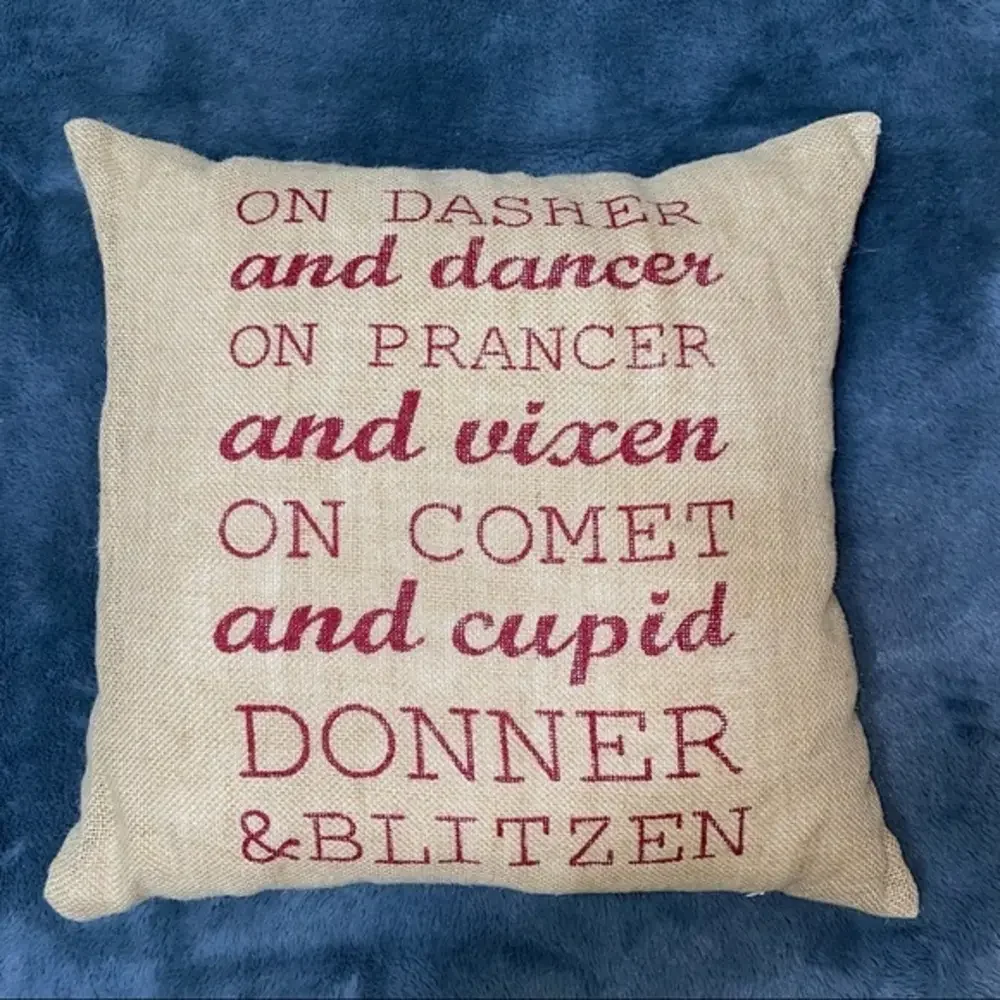 Christmas‎ accent pillow Rudolph song burlap and dark red